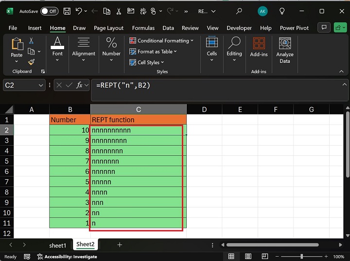 Create Horizontal Pattern Using REPT Function2