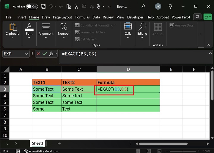 Enter Formula EXACT in D3 Cell
