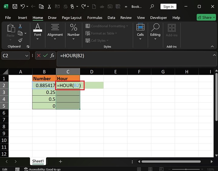 Examples of the HOUR Function in Excel2