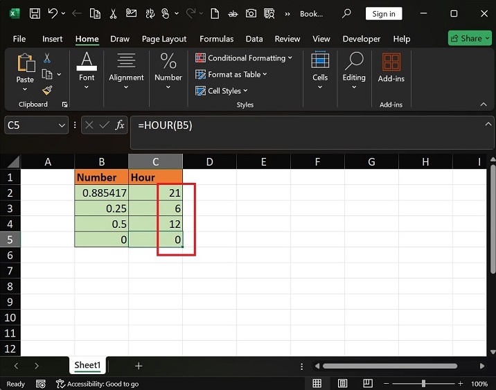 Examples of the HOUR Function in Excel3