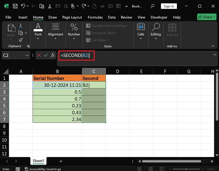 Examples of the SECOND Function in Excel2