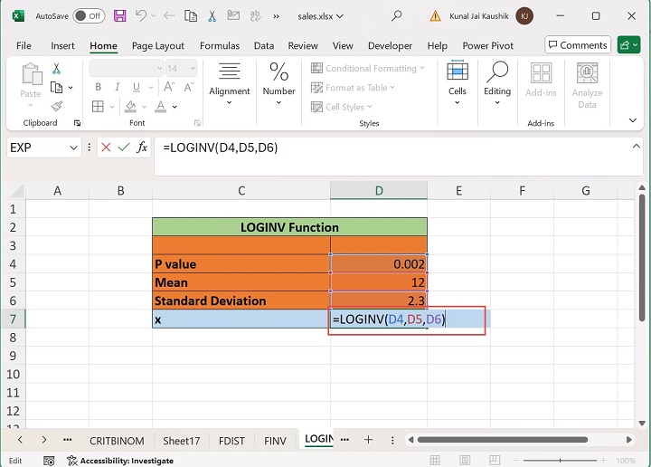 Excel Loginv Function 1