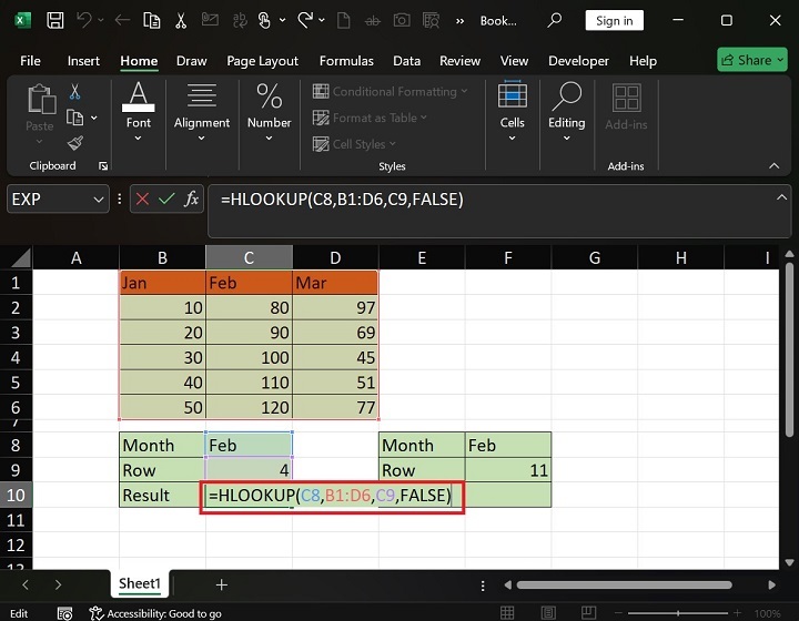 Execute the HLOOKUP Function in Excel2