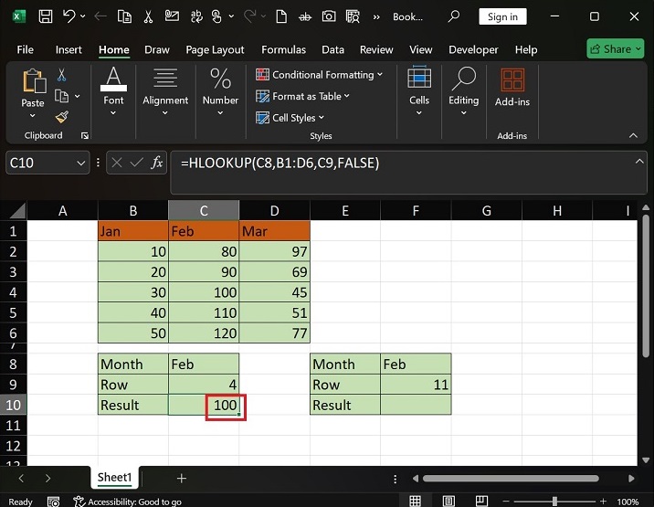 Execute the HLOOKUP Function in Excel3