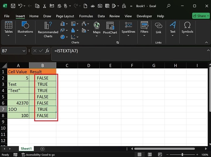 Execute the ISTEXT Function in Excel2