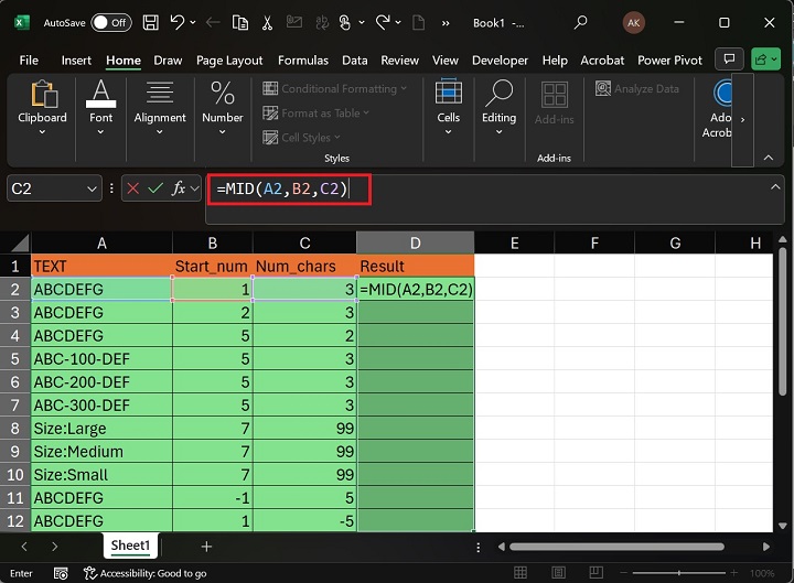 How to apply MID function in a worksheet2