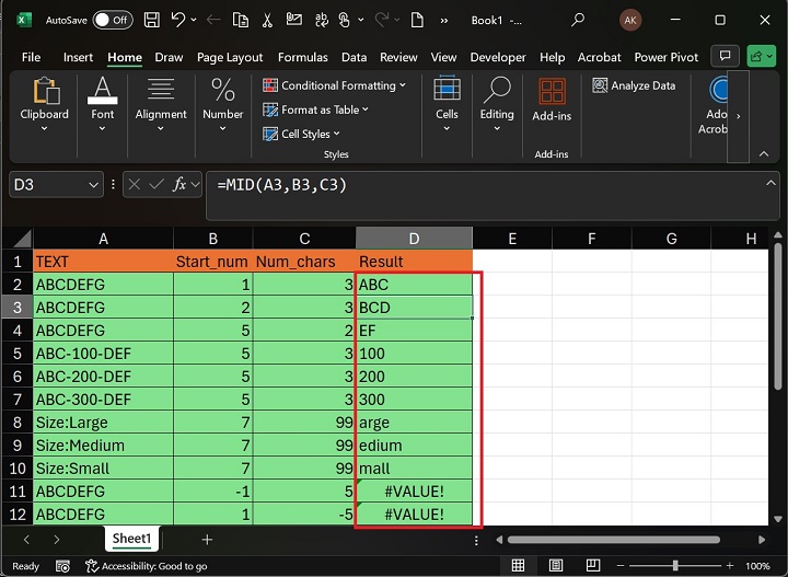 How to apply MID function in a worksheet3