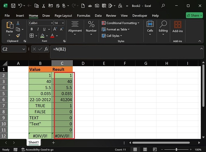 How to Implement the N Function in Excel2
