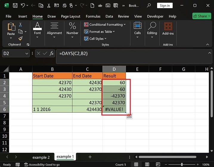 How to use the DAYS Function in Excel3