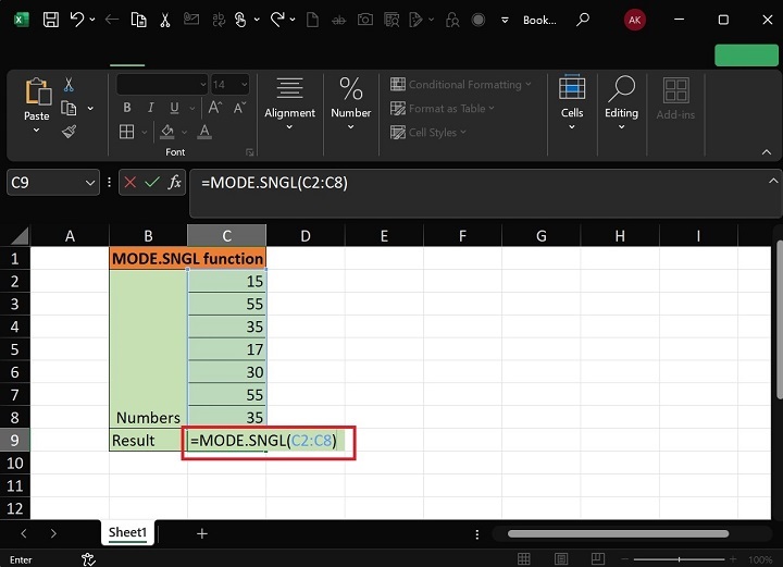 How to use the MODE.SNGL Function1