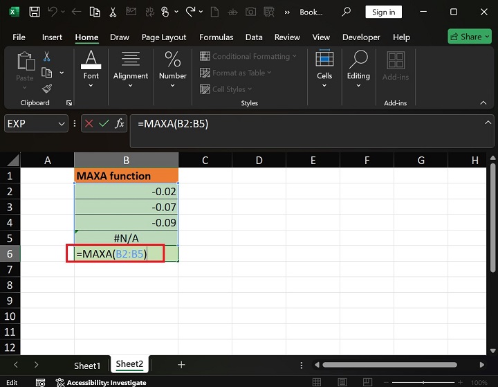 MAXA Function in Excel 2
