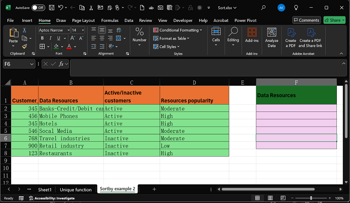 SORTBY Dataset using Function in Excel
