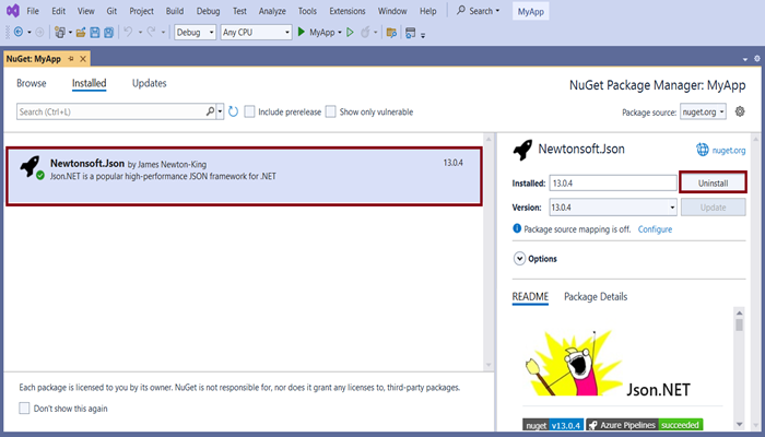 NuGet Package Manager Uninstall Package