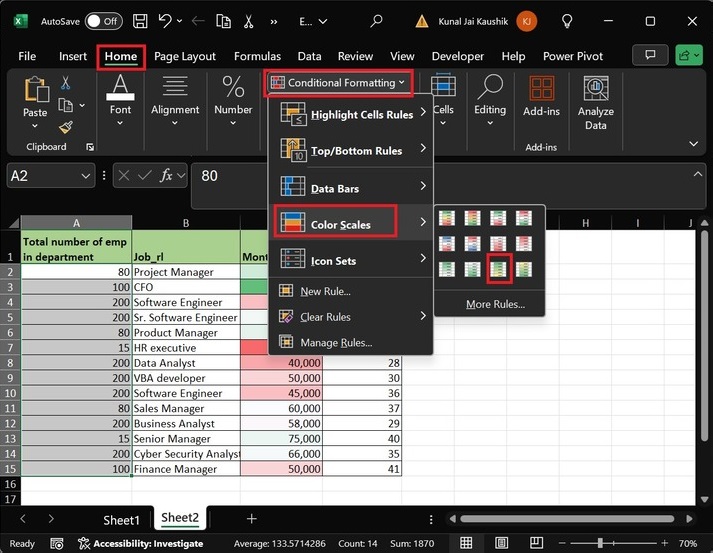 Add 2-color Scales in Excel 1