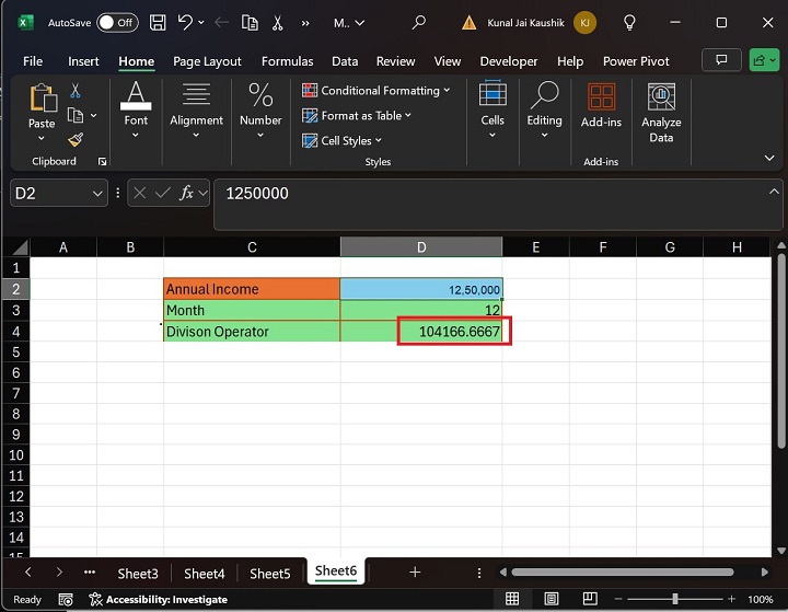 Division Microsoft Excel