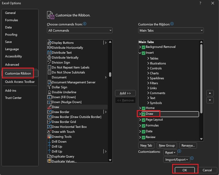 Enable the Draw Tab 1