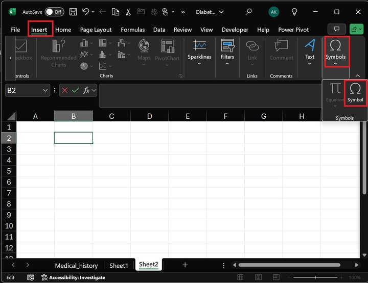 Insert the Symbols in Microsoft Excel