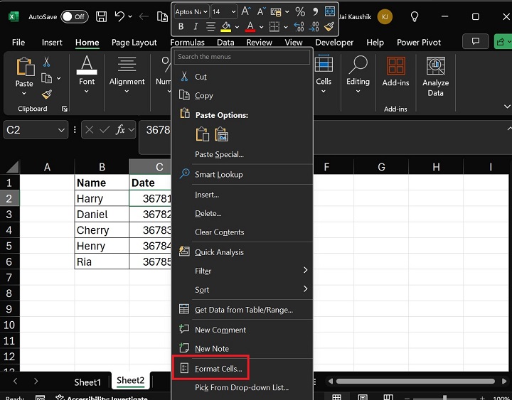 Select Cell Range C2:C6 and Right Click