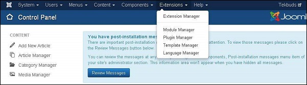 joomla Extension Menu