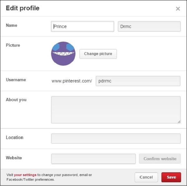 Pinterest Edit Profile