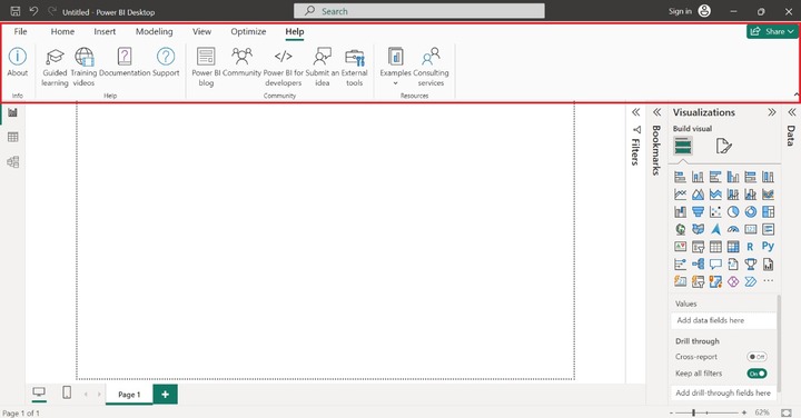 Help Tab Power BI Desktop Window