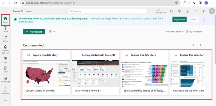 Home Tab Power BI Service