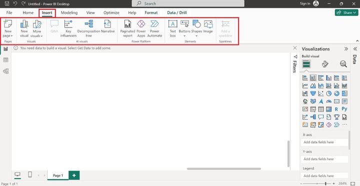 Insert Tab Power BI Desktop Window