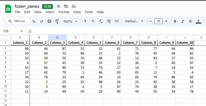 Excel with frozen panes