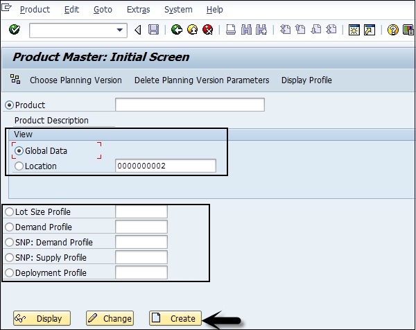 Product Master Initial screen Create