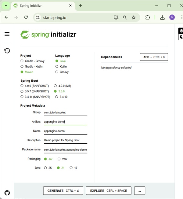 Spring Initializer Page