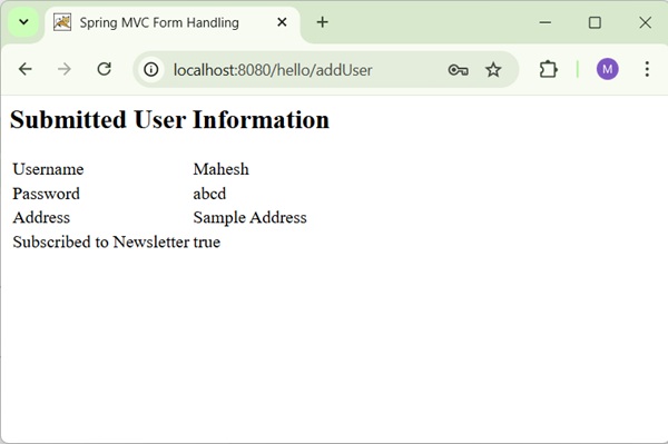 Spring Checkbox Form Result