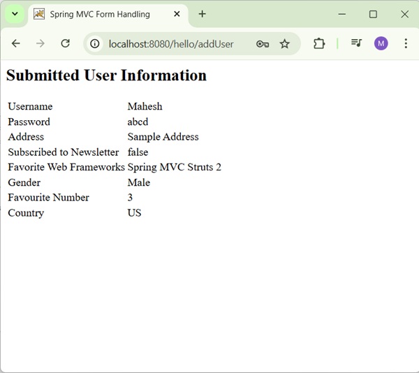 Spring dropdown Form Result