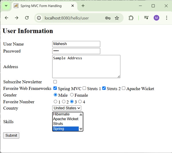 Spring dropdown Form