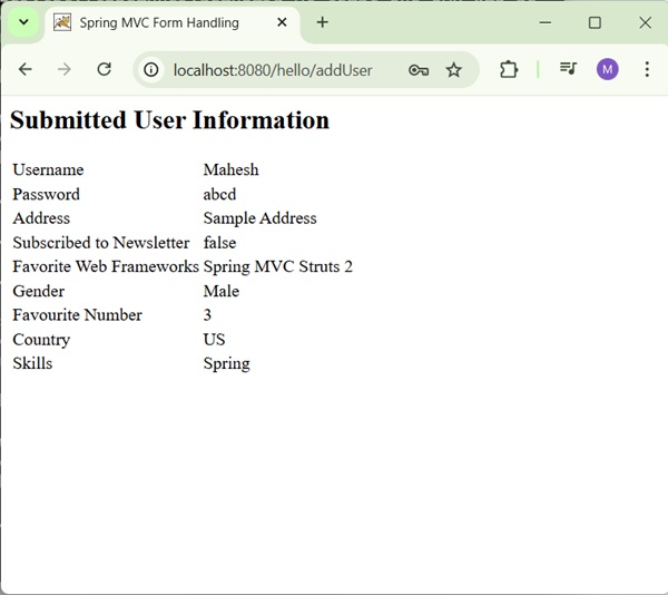 Spring dropdown Form Result