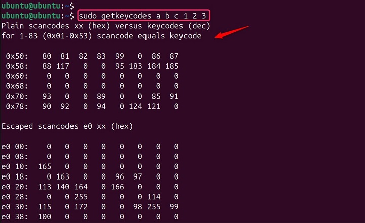 getkeycodes Command in Linux7