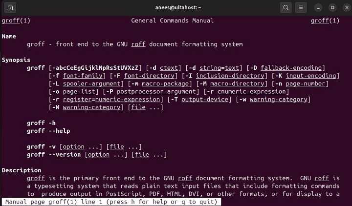 Manual Page of Groff Command