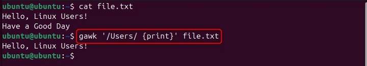 Print Lines Matching Pattern Using gawk Command