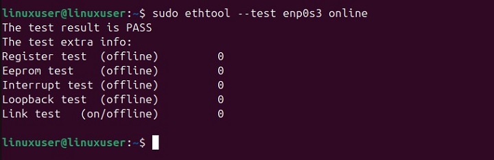 Run Online Test on enp0s3 device using ethtool